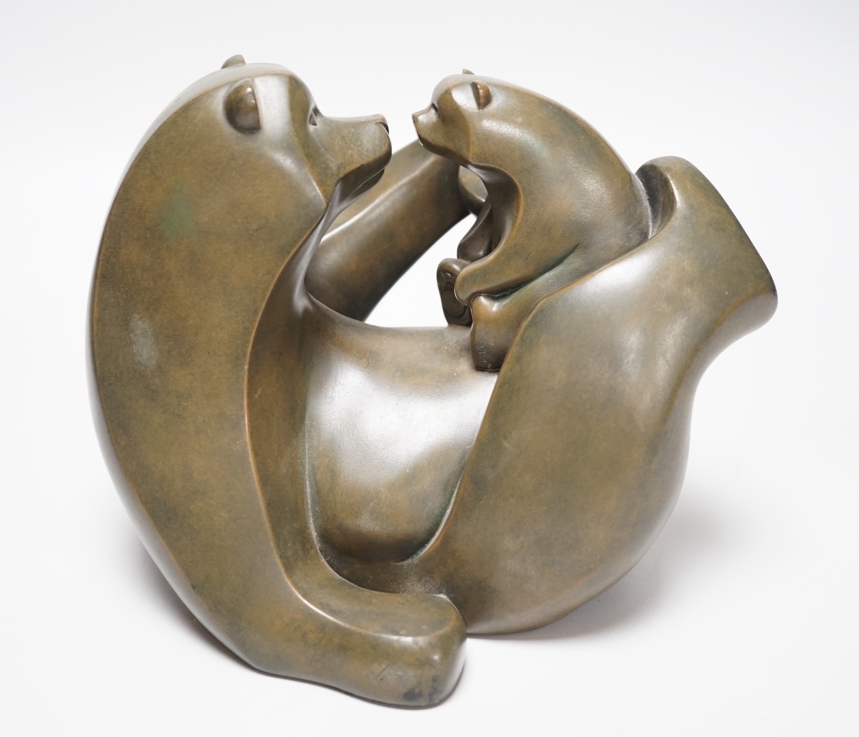 A contemporary cold cast resin bronze polar bear group, mother and child, 19cms high